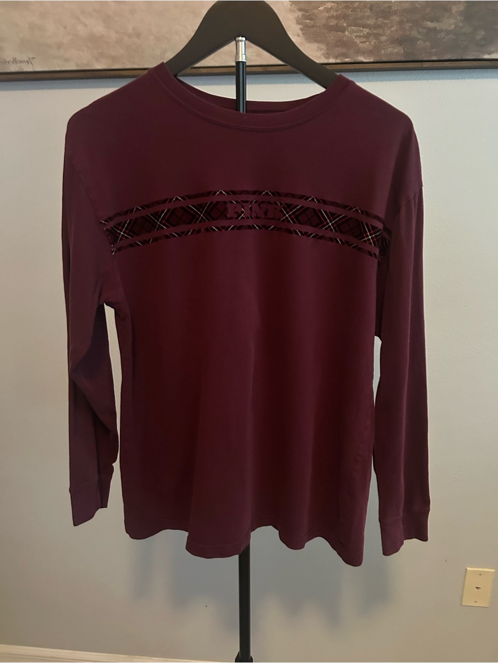 PINK Victoria's Secret Burgundy Long Sleeve Crewneck Top with Plaid Trim